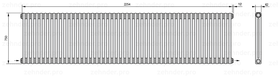 Схема (чертеж) Радиатор Zehnder Charleston 2075/49 №2670 Белый глянцевый RAL 9016